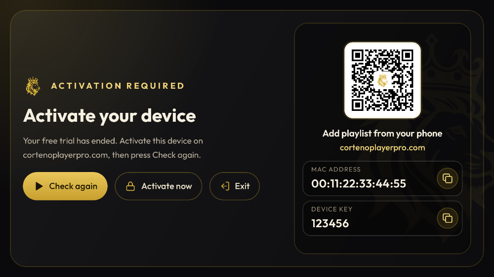 Écran d'activation avec l'adresse MAC à utiliser sur le site (valeurs de démonstration)