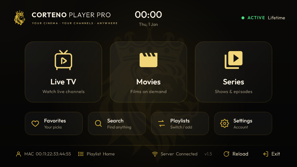 الشاشة الرئيسية في Corteno Player Pro: البث المباشر والأفلام والمسلسلات (قيم تجريبية)