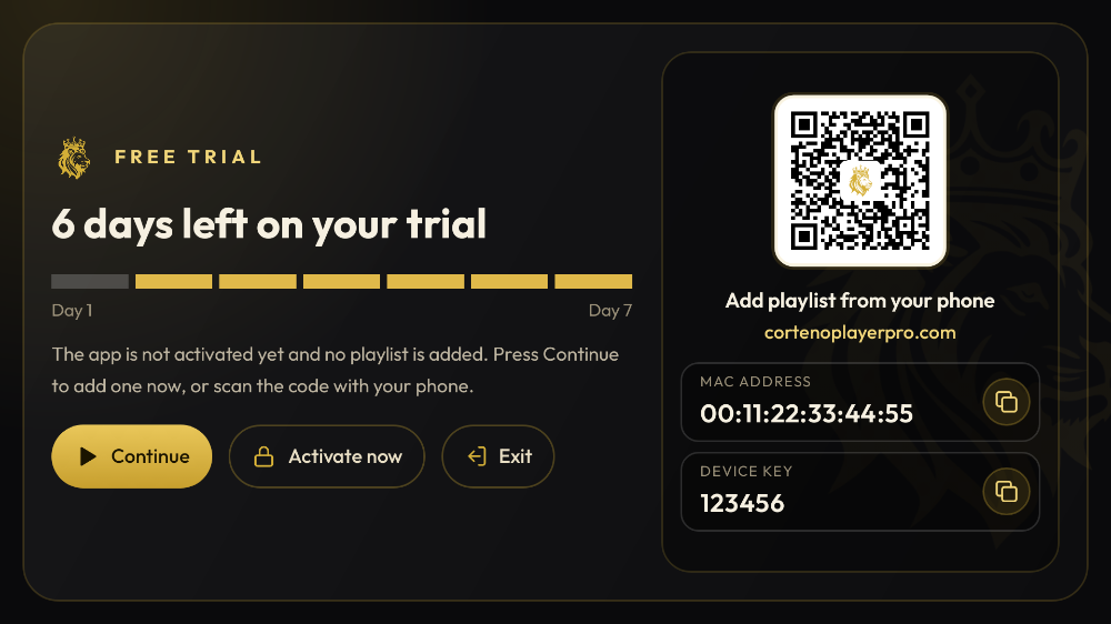 الشاشة الأولى في Corteno Player Pro مع عنوان MAC وDevice Key ورمز QR (قيم تجريبية)